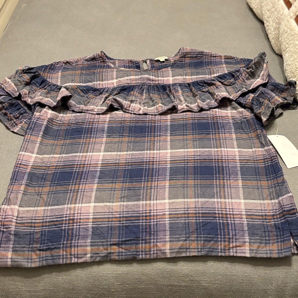 Daniel Cremieux Plaid Top in Blue and Brown ruffle top